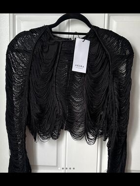 Akira Black Fringe Openwork Crop Jacket
